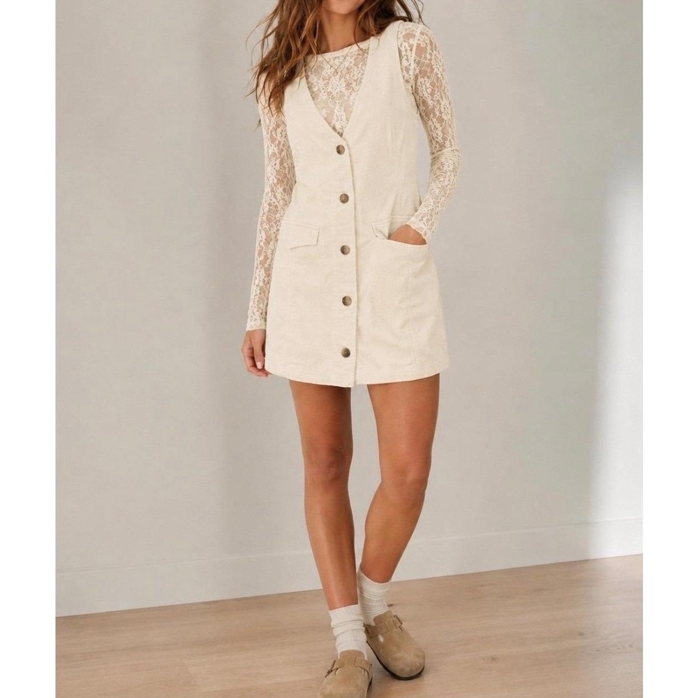 American Eagle Corduroy Mini Dress Large Cream Button Front Sleeveless